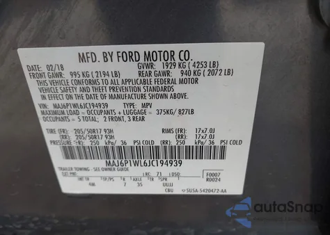 2018 Ford Ecosport Titanium из США, поврежденный, VIN MAJ6P1WL6JC194939